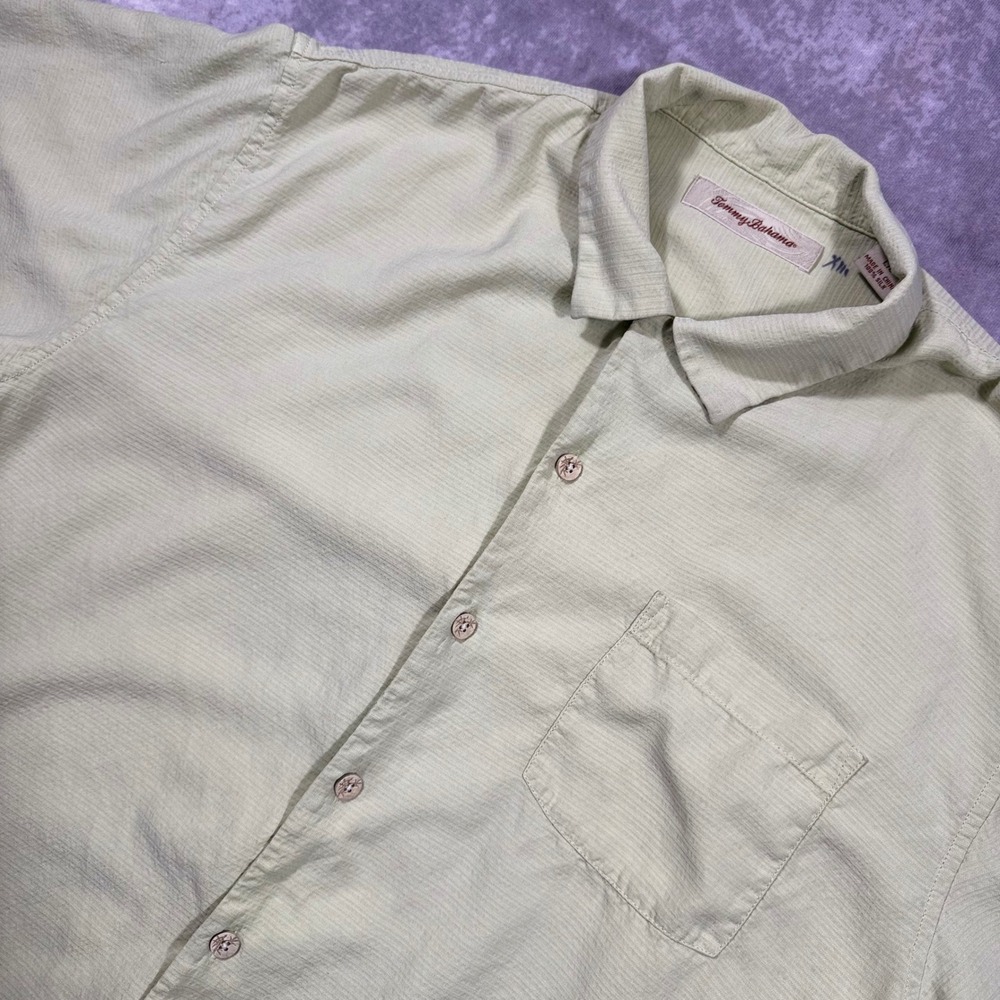 Tommy Bahama Mens Large Silk Short Sleeve Button Up Shirt Sage Green Textured